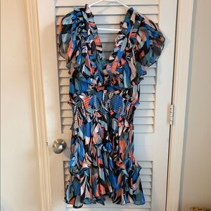 V-Neck Ruffled Smocked Waist Multicolor Mini Dress